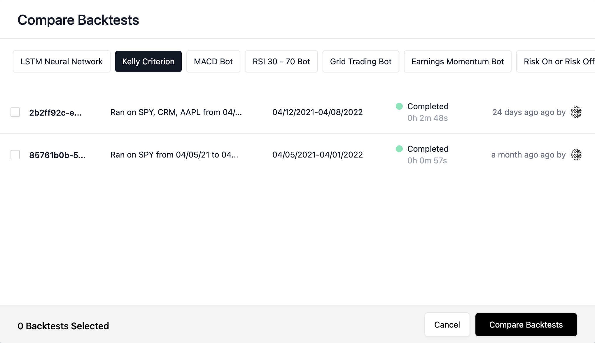 Compare Backtest Configuration